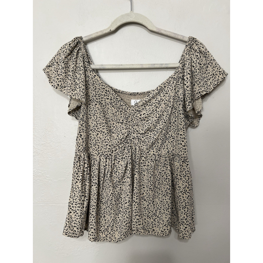 Japna Smocked Floral‎ Babydoll Top Womens L Cream Black Cottagecore Peasant